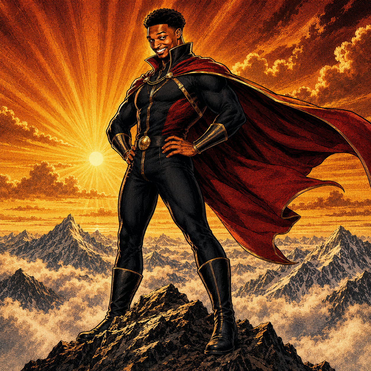 Ubermensch hero standing on the summit